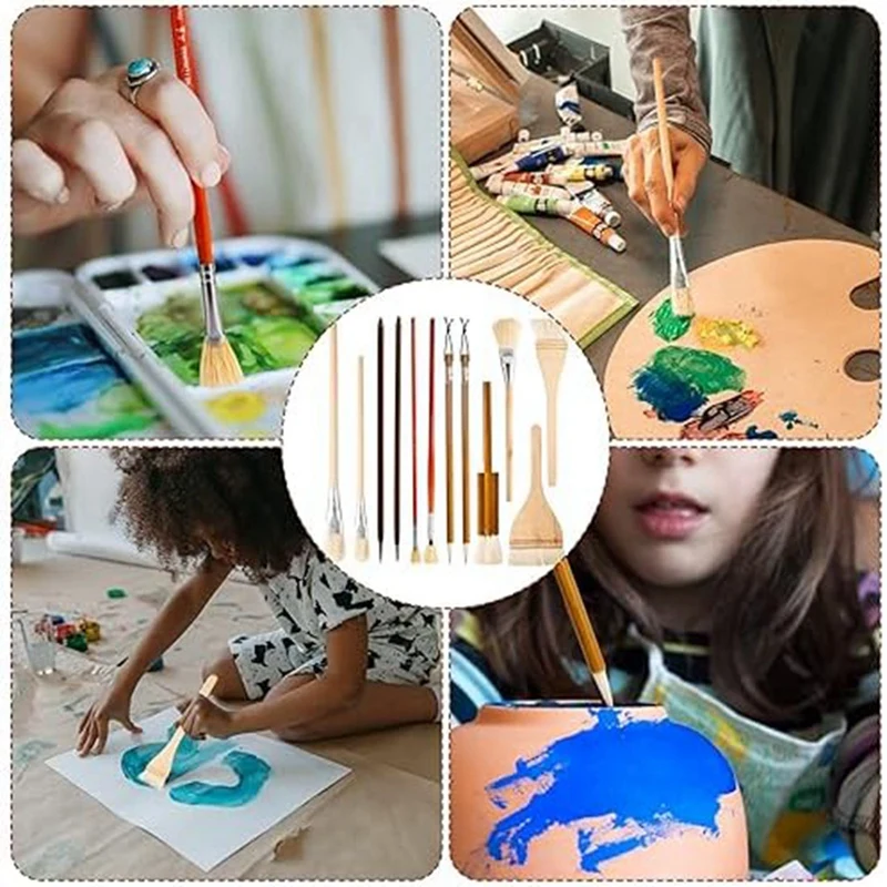 드로잉 아티스트용 아크릴 수채화 목재 도자기 글레이즈 브러시, 그림 그리기, 학생 및 성인용, 12 개