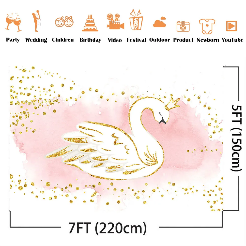 Pink Swan Backdrop for Photography Gold Glitter Baby Shower Photo Background Photocall Little Princess Happy Birthda