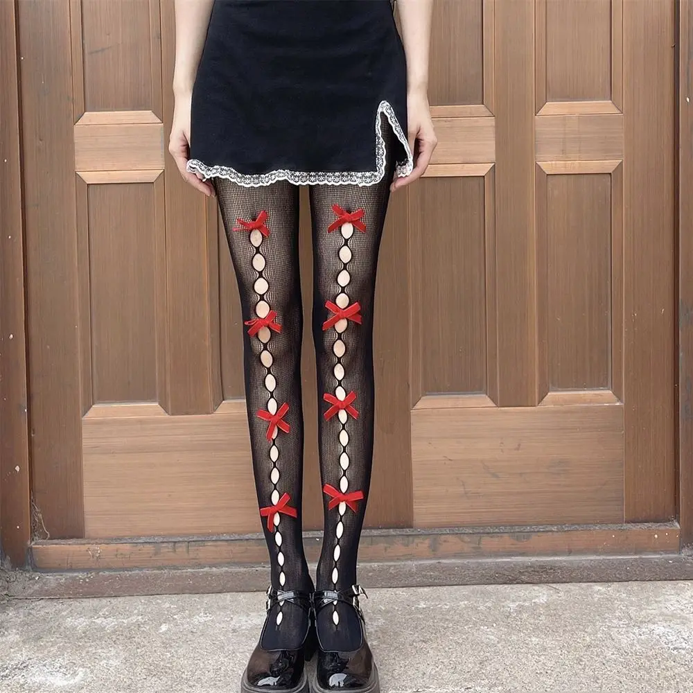 Lolita Bow Pearl Tights Y2k Style Ultra-thin Pantyhose Vintage Velvet Breathable Hollow Out Fishnet Socks