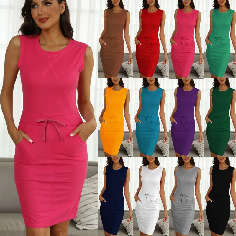 

New Fashion Women Causal Sleeveless Pockets Pencil Dress 2024 Summer Solid Drawstring Waist Beach Party Sundress