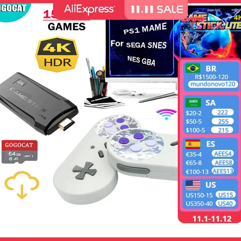 

New GOGOCAT Video Game Console Gaming Stick 15000 Games 64G Handheld Mini Retro 4K TV Wireless Controller for