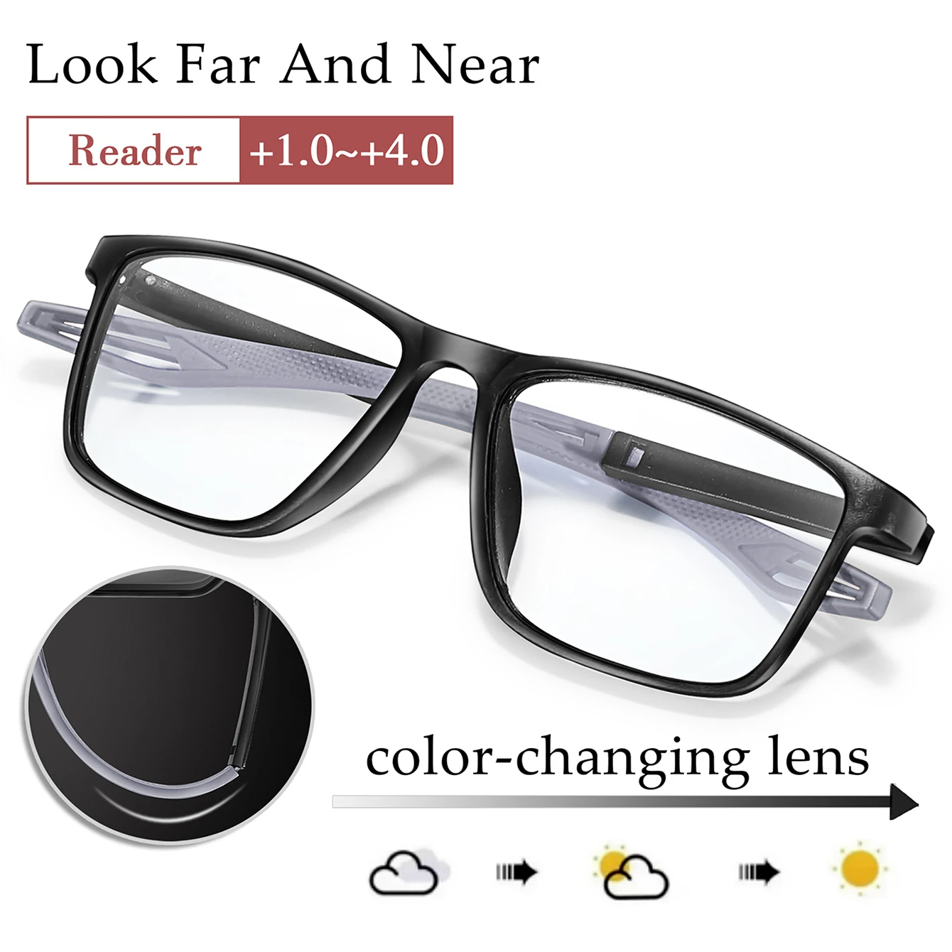 No Brand Photochromic Reading Glasses Rectangular for Grandparents