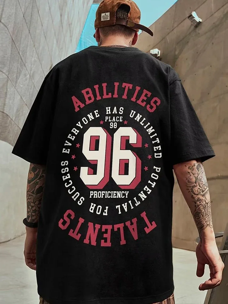 thumbnail image 1 of Camiseta de hombre con estampado de letra 96 de gran tamaño, camiseta de verano de algodón de manga corta con cuello redondo, camiseta informal de calle, ropa Y2K, 1 of 5