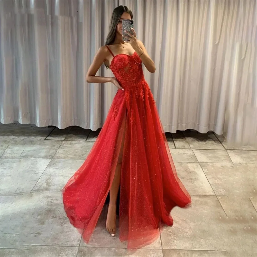 

Блестящие красные платья для выпускного вечера 2023, кружевные прозрачные вечерние платья с аппликацией и открытыми косточками для женщин, Вечернее Платье макси с разрезом