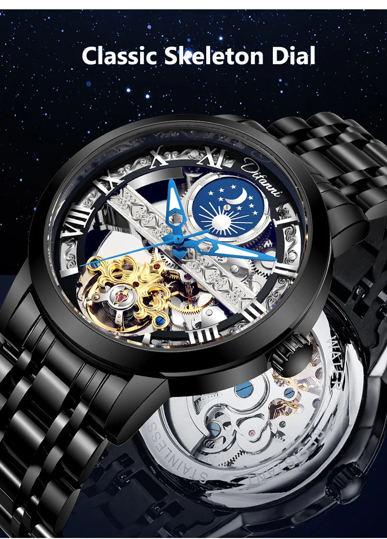 Tourbillon Moon Phase Wrist Luxury Hollow 3ATM Waterproof Stainless Steel Men Automatic Mechanical es es_voghion.com