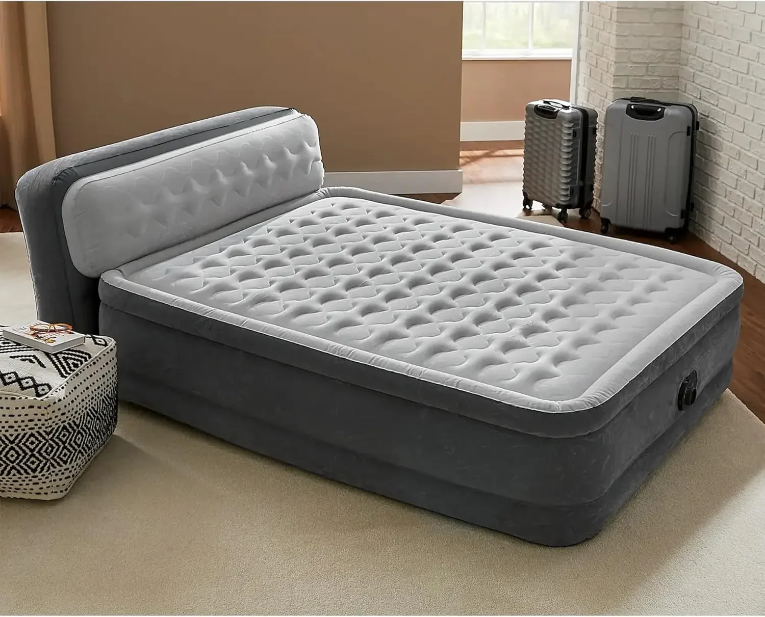 Beam Ultra Plush Inflatable Pillow Top Bed Air Mattress with Headboard, Built-in Internal Electric Pump and Carry Storage Bag, Q 6