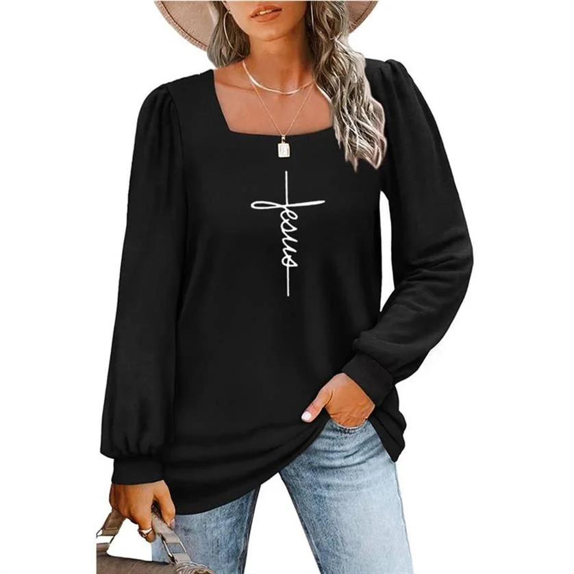 

Quality Hope Faith Love Print Long-sleeved Square-neck T-shirt Women's Slim-fit Exposed Collarbone Low-neck Top Bottoming Shirt