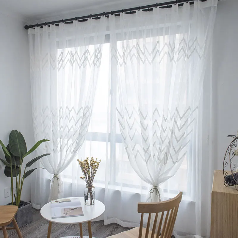 Modern Embroidered Sheer Voile Curtains For Living Room Striped Tulle Curtain Window Screen For Bedroom Kitchen Drapes Blinds 