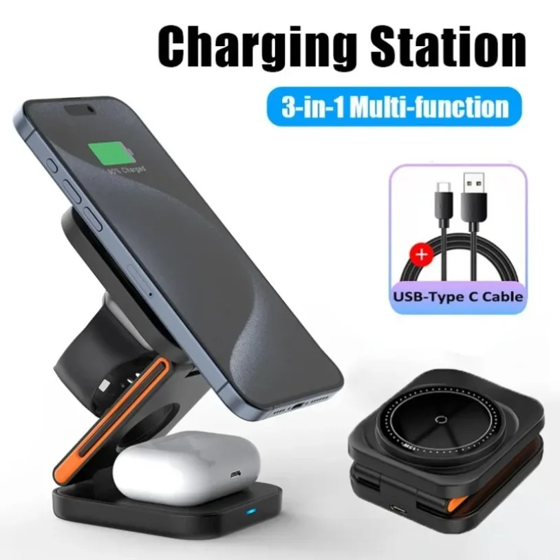 VIKEFON 30W 3 in 1 Foldable Charging Station Fast Magnetic Wireless Charger Stand for iPhone 16-12 Apple Watch 8 7 6 Airpods Pro