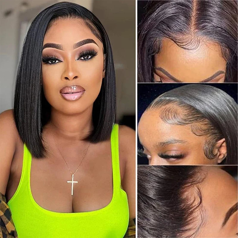 

Natural Color Straight Bob Wig 13x4 Lace Front Double Drawn Human Hair Wig Lace Frontal Brazilian Remy Human Hair Short Wig