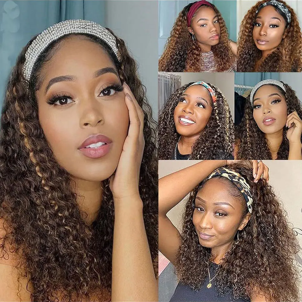 Highlight Headband Wig Water Wave Human Hair Wig Ombre Honey Blonde Headband Human Hair Brazilian Remy Scarf