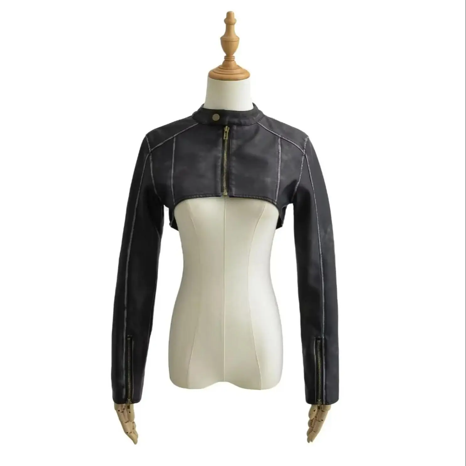 RUNNING HIGH★韓国★VINTAGE WASHED LEATHER CROP JACKET 2023 Cool Women Vintage Washing Black Cropped PU Leather