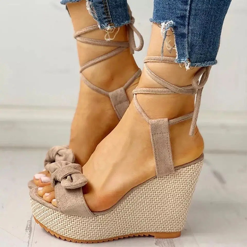 Summer Fashion Bow Sandals Women Wedges Platform Fish Mouth Shoes Female Cross Lace Up Ladies Elegant Slippers Clog Black Pink