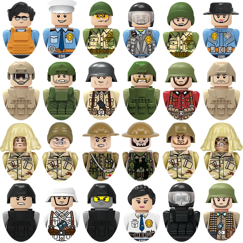 

City Worker Police Figures Building Block WW2 Military Germany British Soldier Middle Ages Characters Halloween Zombie Brick Toy