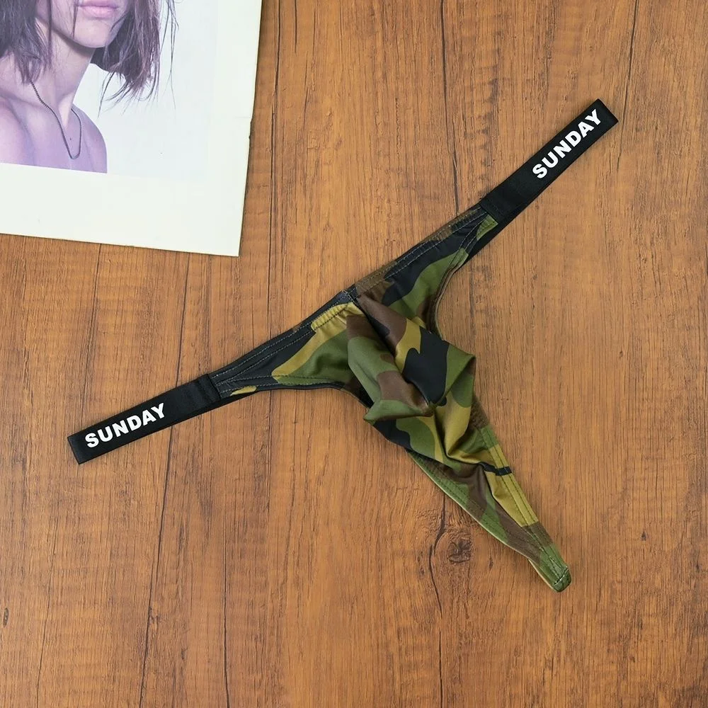 U Convex Pouch Panties Leopard/Camouflage Underwear Men Sexy Elastic T-back Thong Quick Drying Male Bikini Brief