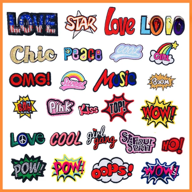 

English Letters Embroider Fabric DIY Sticker Letters Embroidery Logo for Repair Jeans Cloth Hat Sew Patch Sticker Fast Iron On