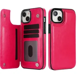 Luxury Double Button Leather Flip Wallet Case with Enhanced Slot Protection - iPhone 14 (Rose red)