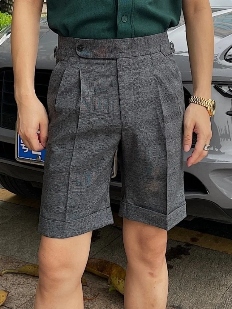 

Fashion Summer High Waist Mens Suit Shorts British Style Casual Straight Plaid Loose Fit Knee Length Office Man Trousers