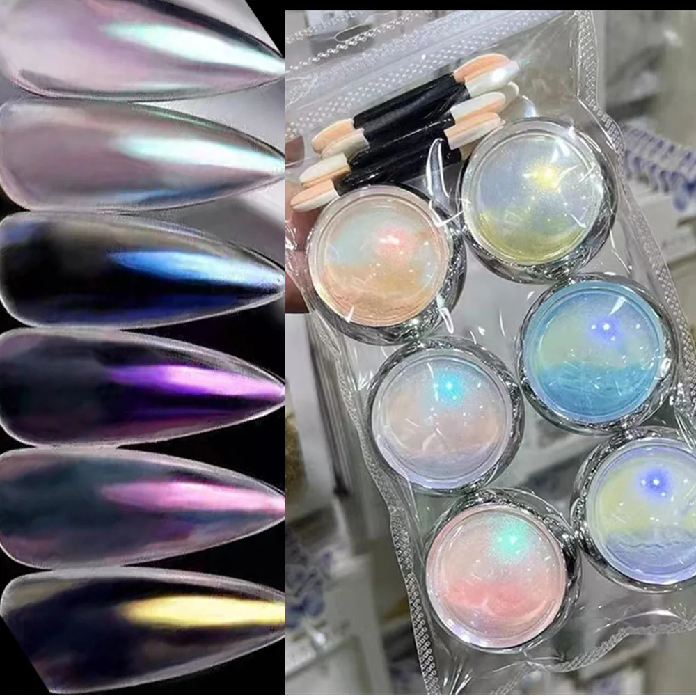 6Jars/set Aurora Mirror Nail Glitter Powder Iridescent Holographic 3g*6pcs Kit Chrome Pigment Mermaid Mirror Manicure Dust 202-9