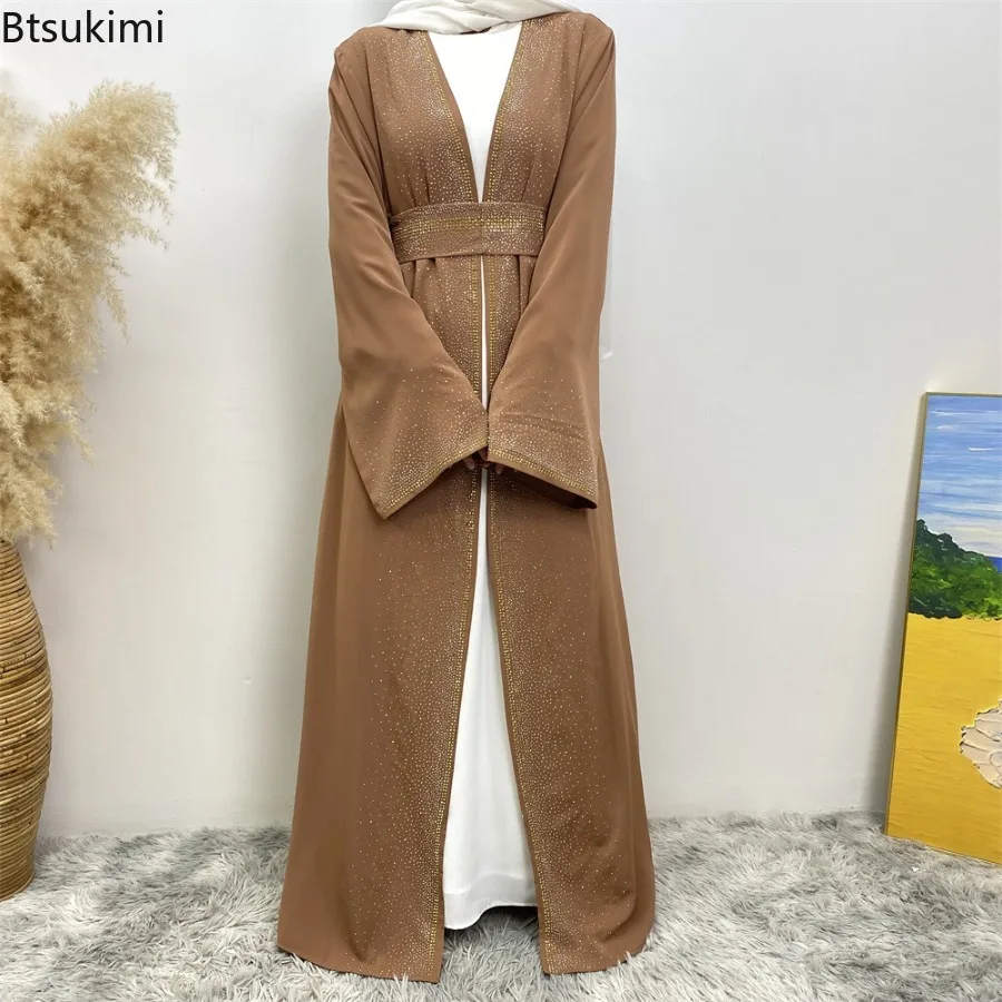 Fashion New Muslim Open Abaya for Women Diamonds Lace-up Cardigan Long Dresses Arabic Turkish Kaftan Robe Elegant Femme Musulman