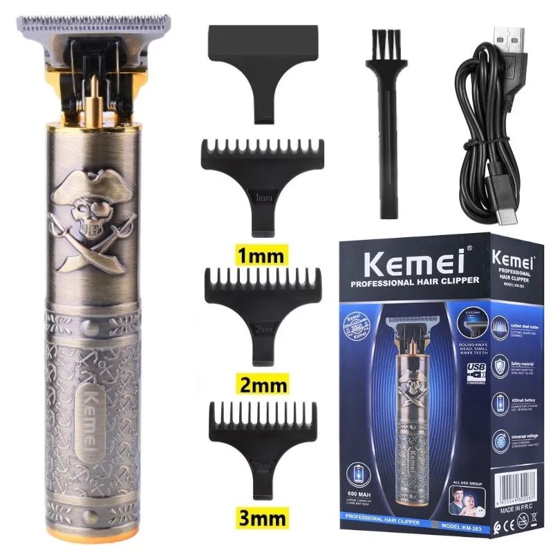 

Kemei KM-203 T9 Professional Hair Trimmer 0MM Electric Cordless Clipper Hairstar Metal Pirate Body Hair Beard Finishing Machine