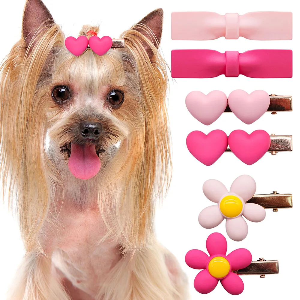 2023NewPetDogHairClipsDogsPinkFlowerHeartClipBowCute