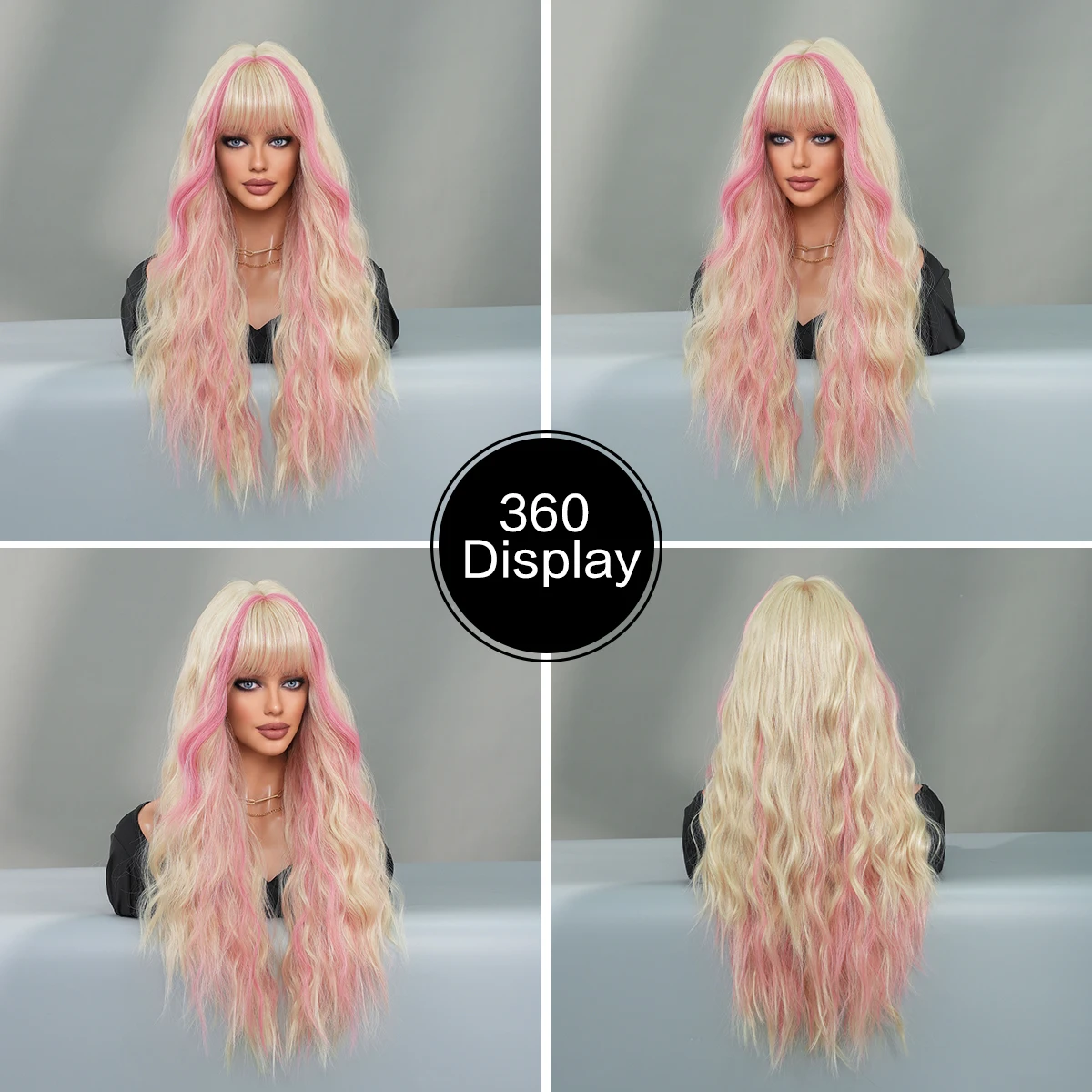 NAMM Long Wavy Blonde Wig for Women Daily Party Highlight dyeing Pink Synthetic Hair Wigs With bangs wig Halloween Cosplay