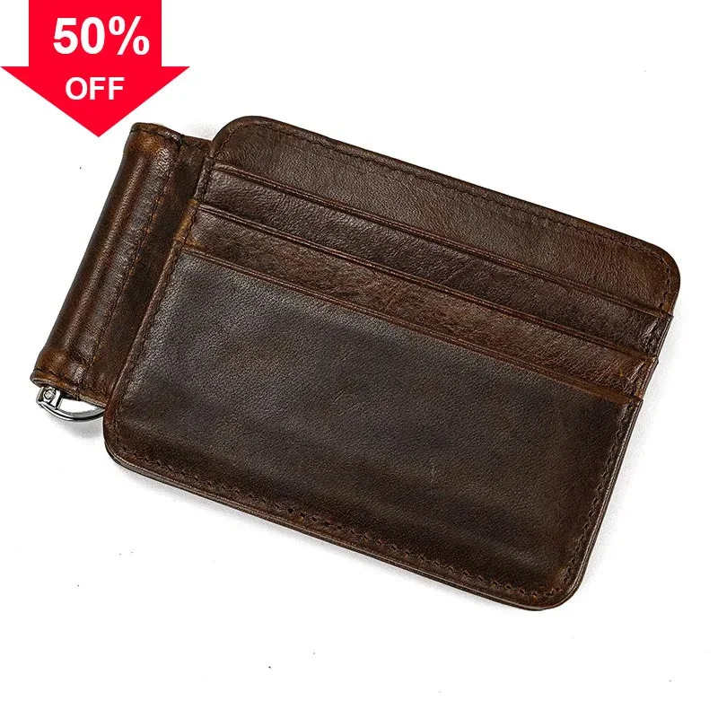 Small Men's Leather Money Clip Wallet With Coin Pocket Card Slot Cash Holder Male Bag Magnet Hasp Purse For Man Women