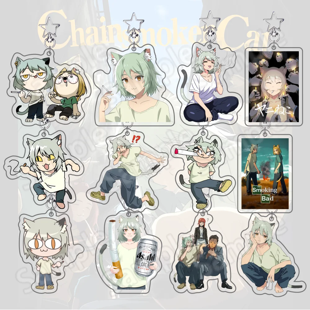 Anime Chainsmoker Cat Yani Neko Manga Neu 6cm Acryl-Standee Schlüsselanhänger Lustiger Katzenmädchen-Charakter Desktop-Ornament Sammlerstück