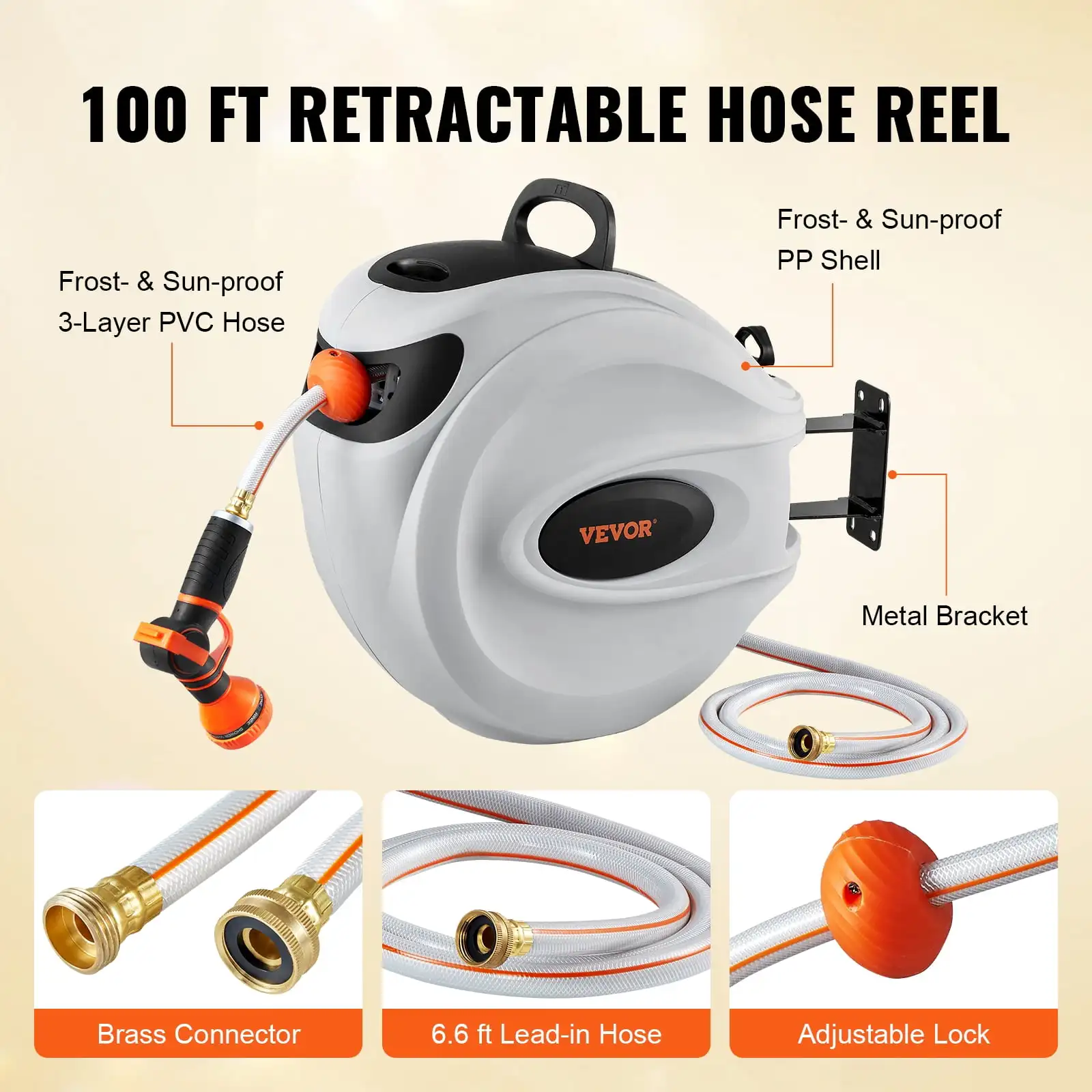 100ft Retractable Garden Hose Reel with Nozzle & Swivel Mount 6