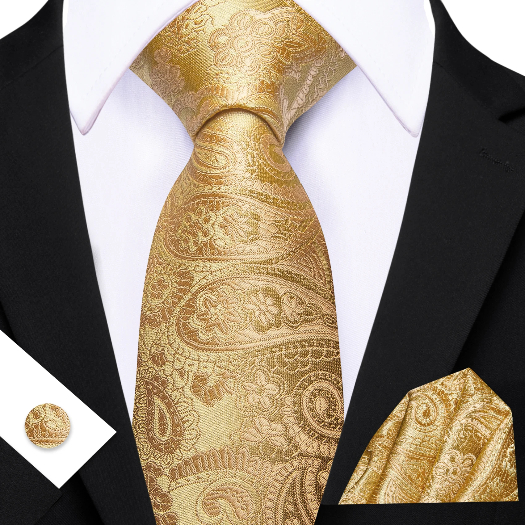 Herren-Krawatte, gelb, golden, schwarz, rot, Blumenmuster, Einstecktuch, Manschettenknöpfe, Set, Krawatte, formelle Hochzeit, Abendessen, Party, Geschenk – Detail 6