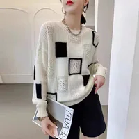 Autumn Winter Color Blocked Plaid New Loose Retro Pullovers Women's Clothing Round Neck White Simplicity Outfit Chic Sweaters 1