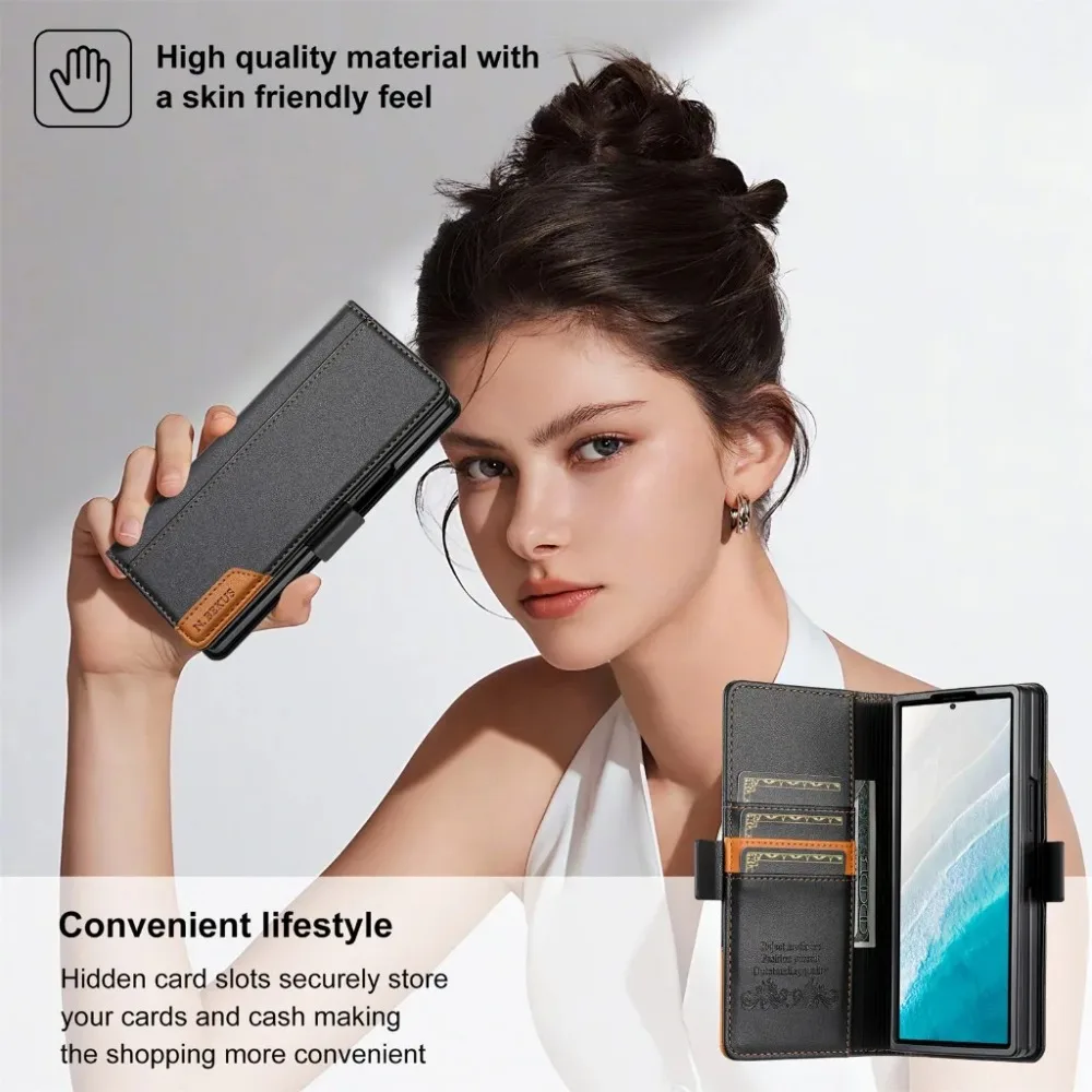 RFID Blocking PU Leather Flip Wallet Phone Case with Card Holder and Hinge Protection
