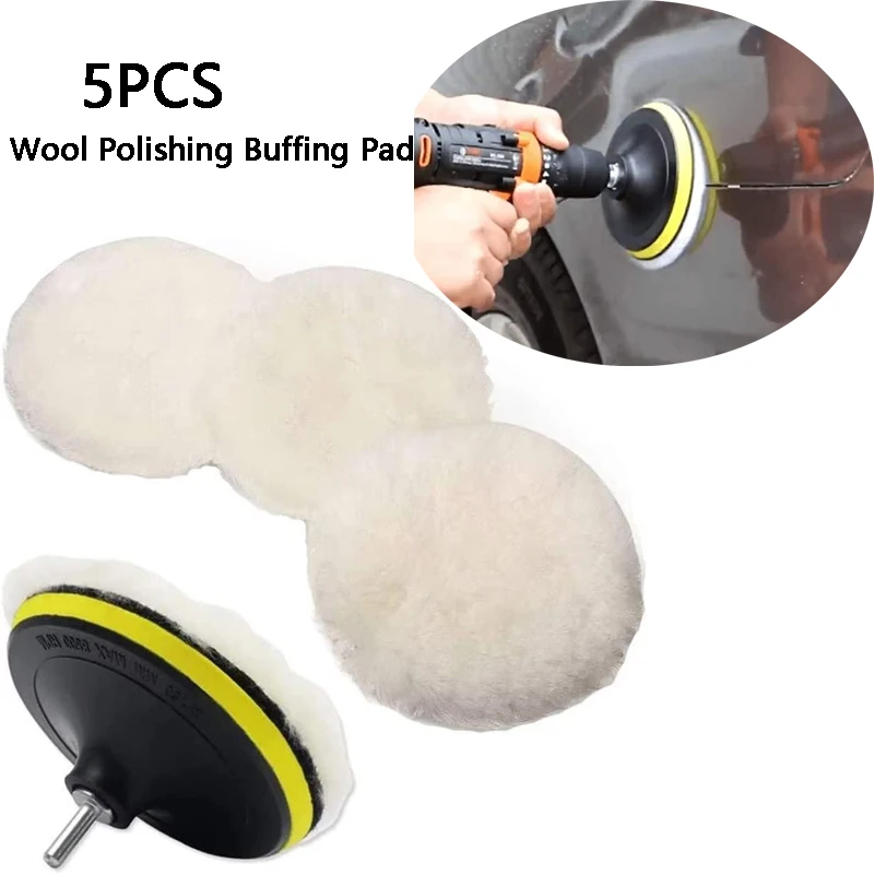 5PCS 6Inch Wool Buffing Polishing Pad Set with M14 Drill Adapter