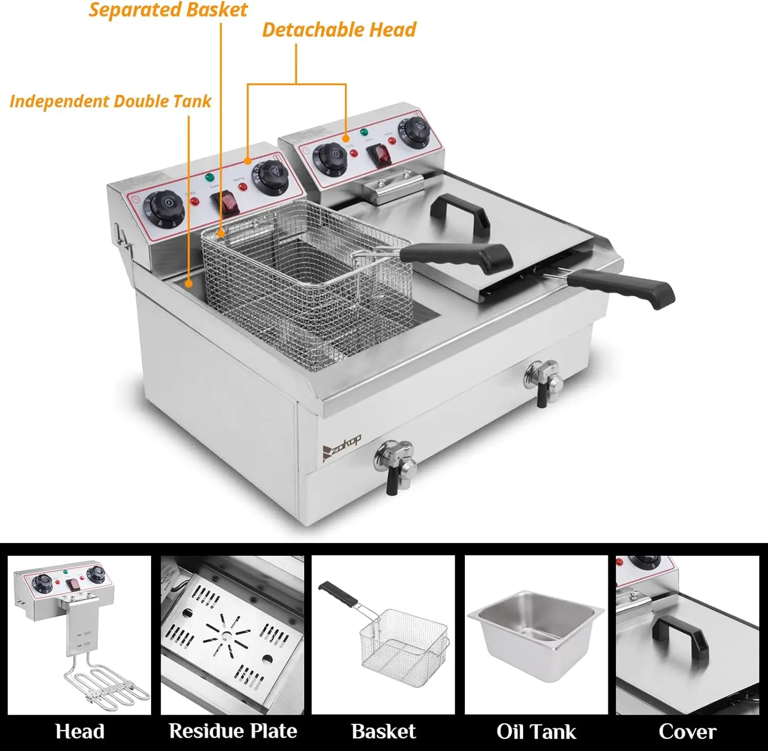 24.9QT Capacity Electric Deep Fryer with Time Control & Oil Filtration Countertop Dual Tank Fryers w/Drain Temperature Control