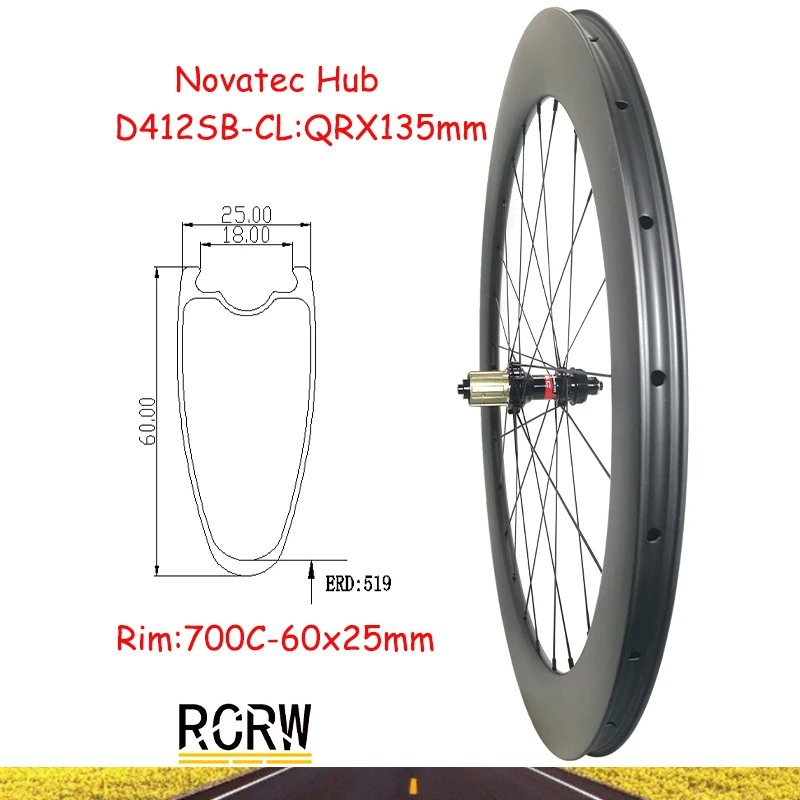 

700C Road 60x25mm Rear Wheelset Carbon Rim 24 Hole Tubeless 60 Wide 25 Deep Novatec D412SB-CL Center Lock Shima 9-11S Hub XD XDR