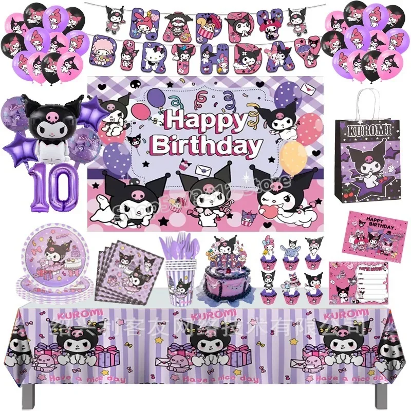 Kuromi birthday background supplies birthday backdrop decoration birthday party supplies Kids Shower Boy Girl Tableware Supplies Cup Tablecloth Number Balloon Cake Topper Backdrop Gift