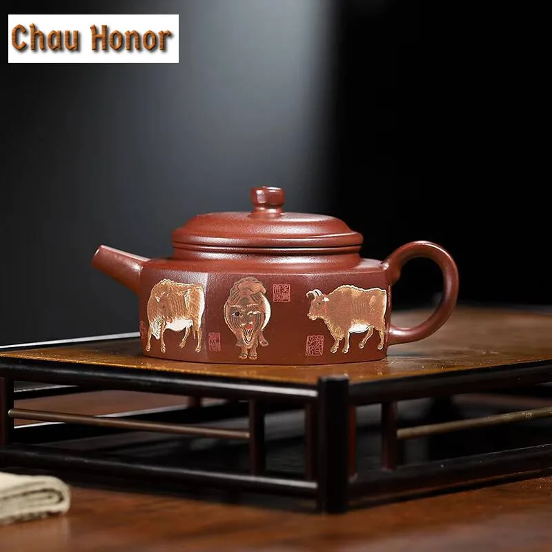 220ml Yixing Purple Clay Teapots Handmade Cattle Square Bell Pot Raw Ore Purple Mug Kettle Chinese Zisha Tea Set Customized Gift