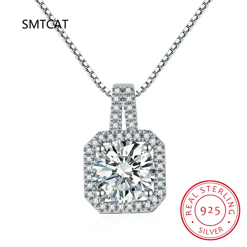 Moissanite Pendant Necklace 1CT Round Cut Emerald Cut Halo Design 14K Plated Silver