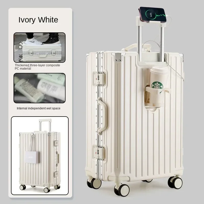 Nueva maleta multifunción, equipaje de viaje femenino con portavasos USB, marco de aluminio, cubierta de carrito con contraseña para PC, 20/24/26/28 pulgadas