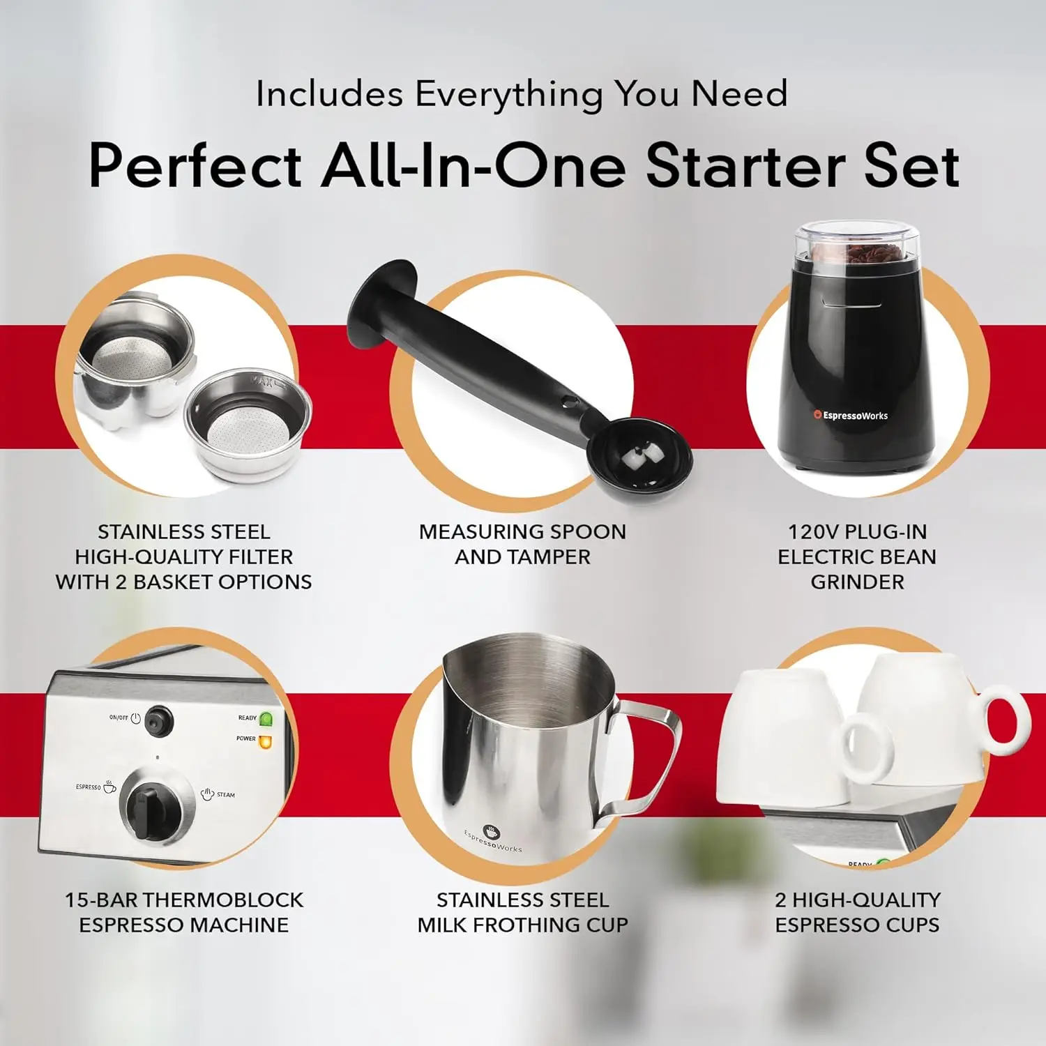 All-In-One Espresso Machine with Milk Frother 7-Piece Set - Maker Includes Grinder, Frothing Pitcher, Cups, Spoon and Tamper 3
