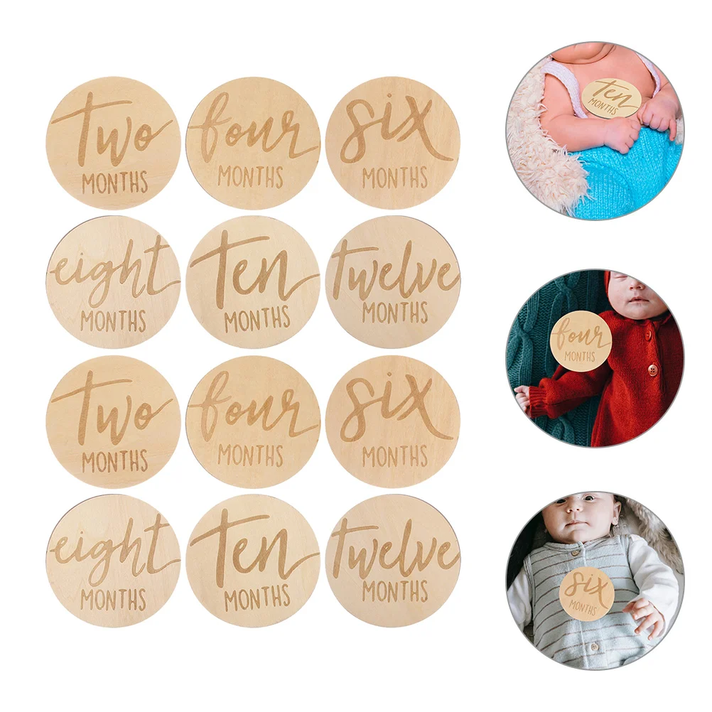 

12 Pcs Baby Growth Card Labels Monthly Milestone Marker Wooden Round Sign Double Sided Double-sided Discs