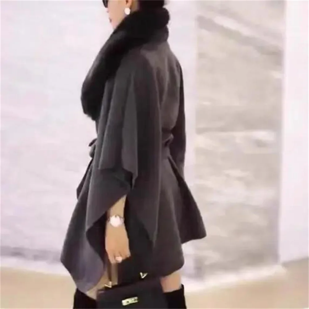 5 Colors Women Outstreet Poncho Wear Winter Thick Cardigan Big Rabbit Fur Turn-down Neck Long Cloak Front Tie Belt Loose Coat