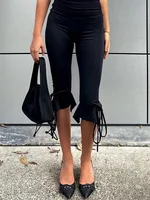 Women Capri Pants Solid Color Elastic Waist Tie-Up Summer Casual Cropped Pants Stretch Crop Leggings - Image 4