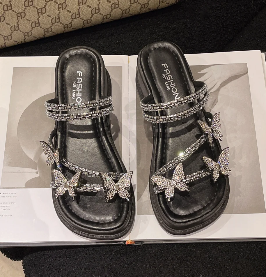 Women's Wedge Slippers Summer Bow Rhinestones Women Shoes for Women Dress Holiday Beach Slides Fashion Casual Platform Sandal ﻿ — view 3