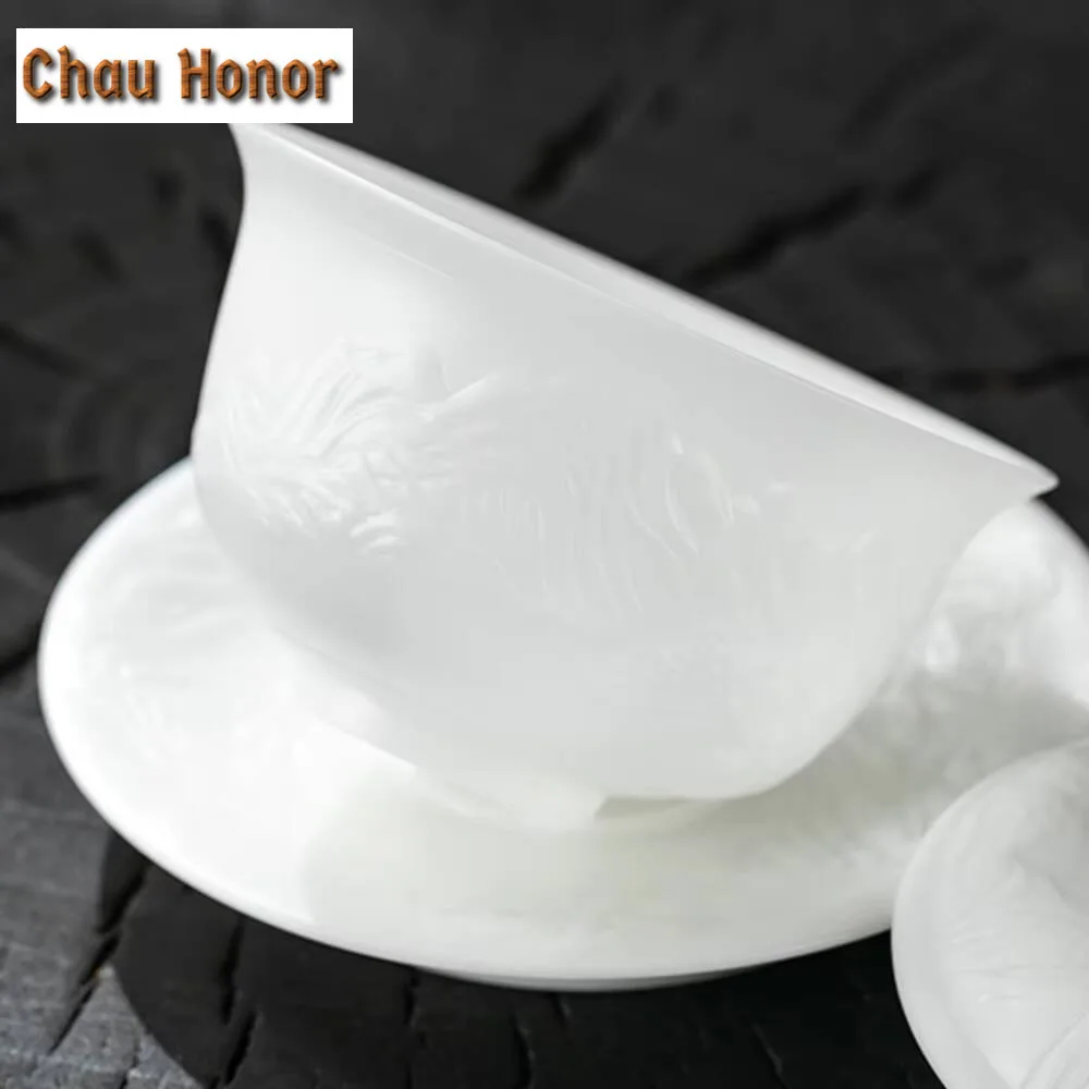 200ml Boutique Ice Seed Jade Porcelain Gaiwan Handmade Relief Carving Landscape Tea Tureen Tea Maker Cover Bowl Drinkware Craft