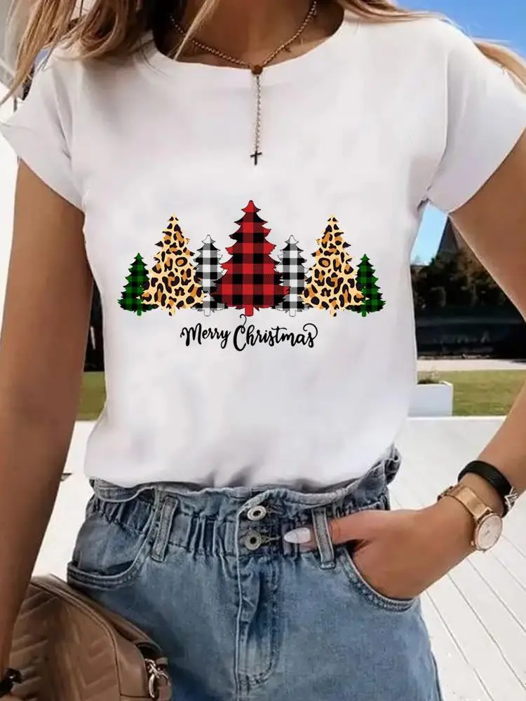 

Print Women Tee Plaid Tree Style 90s Trend Christmas Holiday Top Fashion Lady New Year Shirt Clothing Clothes Graphic T-shirts