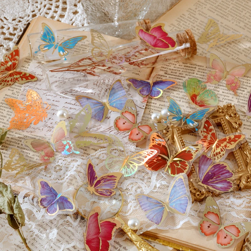 30 pcs Bronzing Decorative Stickers aesthetic Butterfly Adhesive Diy Sticker Diary Album Scrapbooking Collage material