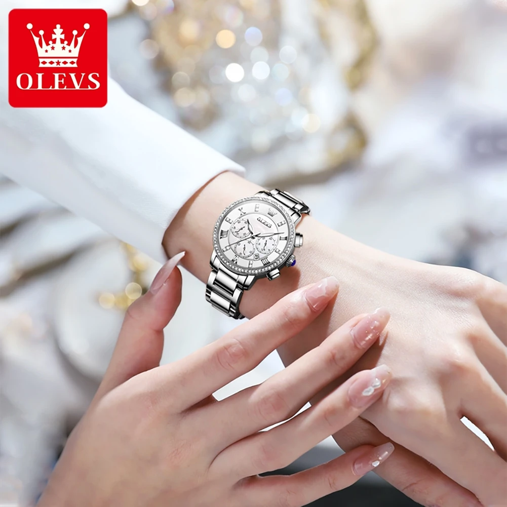 OLEVS9976 Quartz Watch for Women Luxury Elegant Multifunction Design Watches Stainless Steel Luminous Waterproof Wristwatch Gift