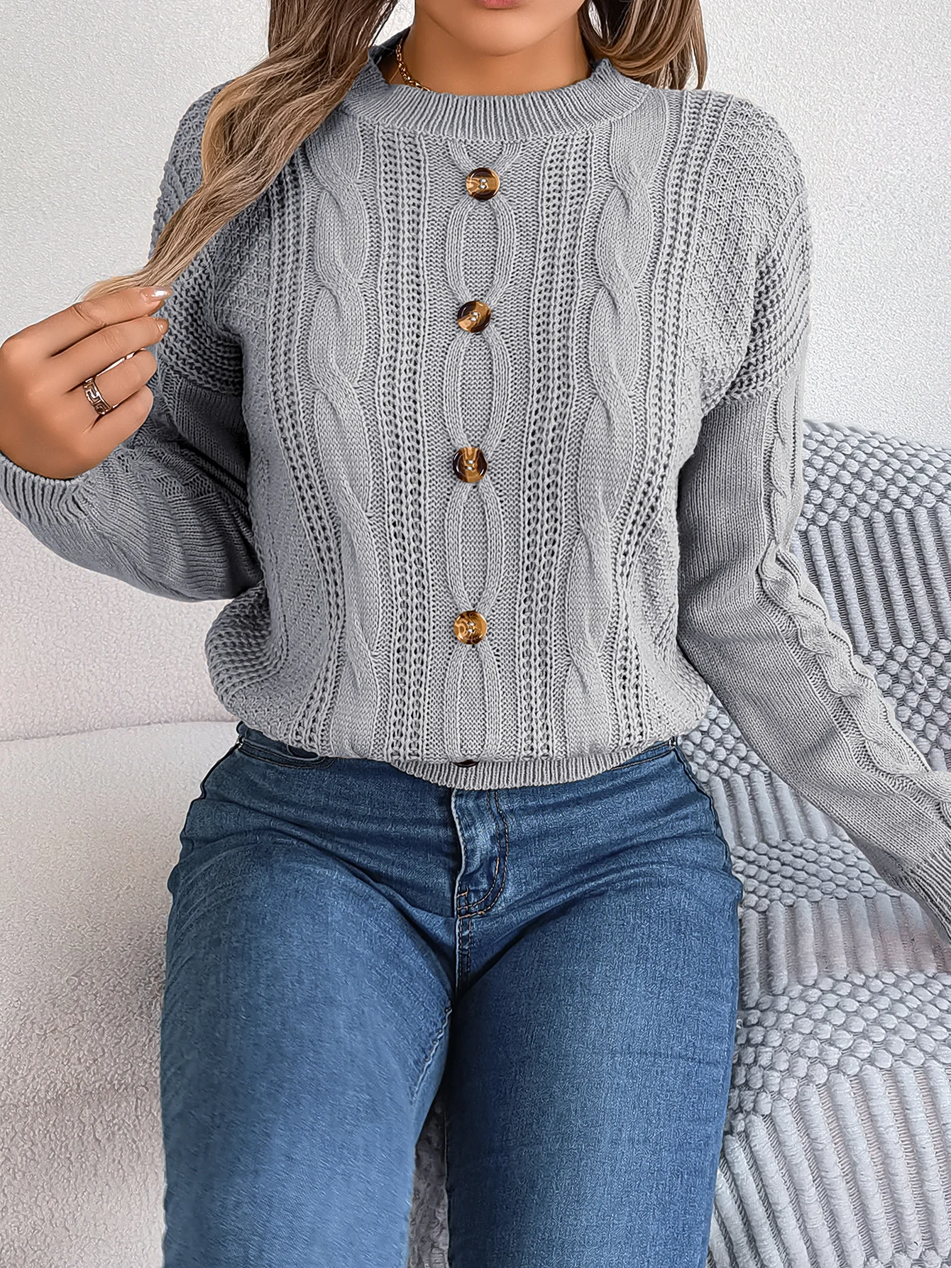 Women Solid Color Knitted Sweater Long Sleeve Pullover
